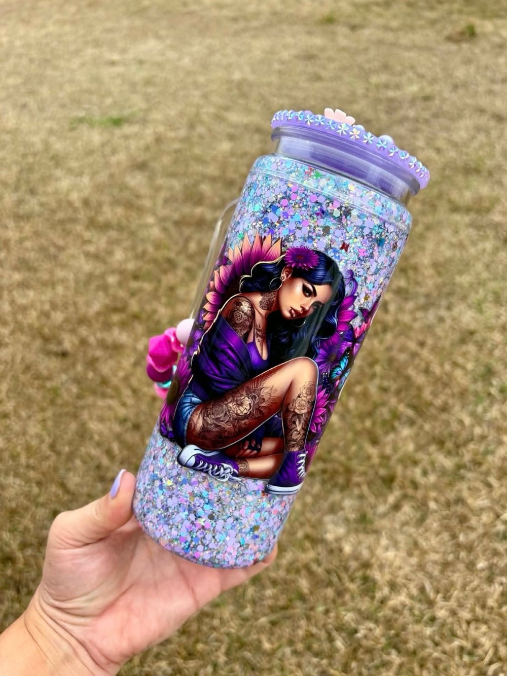 20oz acrylic snowglobe tumbler decorated lid cup charm straw stronger tat girl